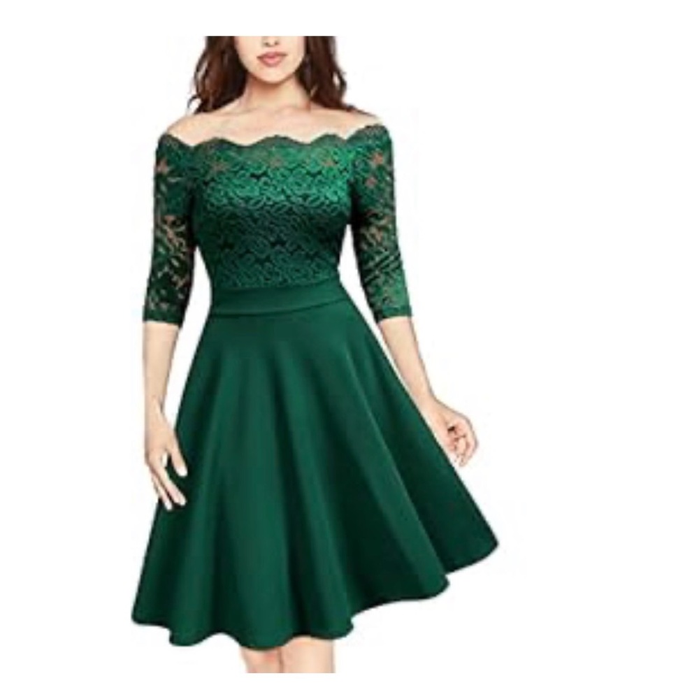 Elegant Lace Deep Green Dress, off the shoulder, 3/4 sleeves